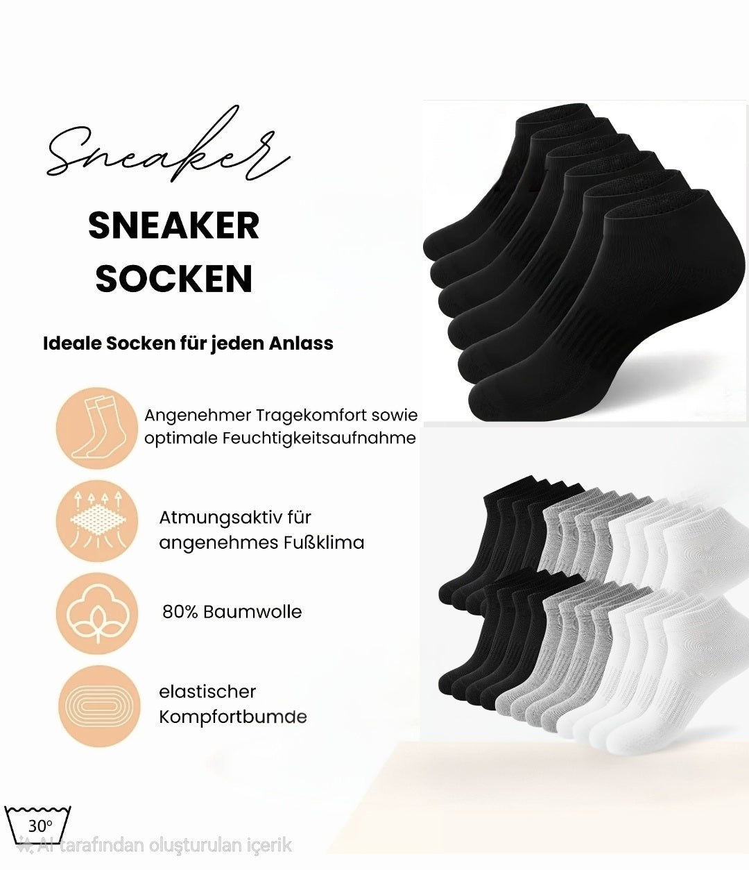 Sneaker Socken – Unisex Sport Füßlinge in Schwarz | 20 Paar